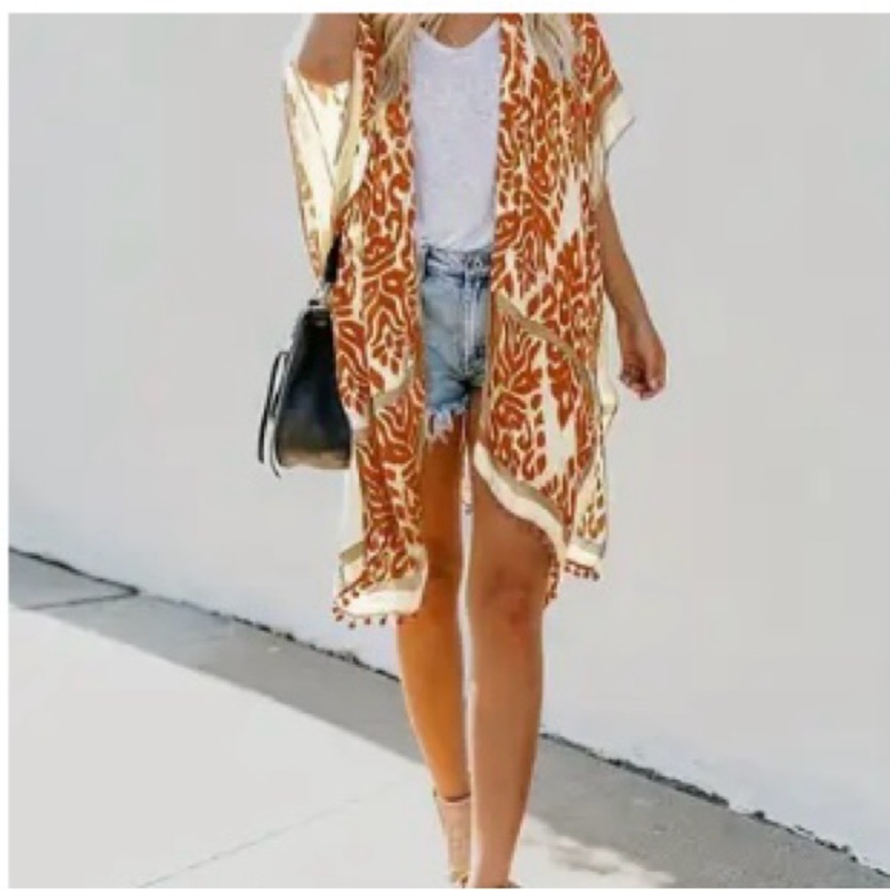 NEW- Elegant Orange and White Kimono/ beach coverup/ Duster in OSFM